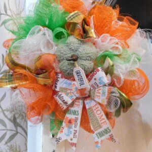 Thanks giving wreath , fall colors orange white green, W & L 14 1/2" inches H 5